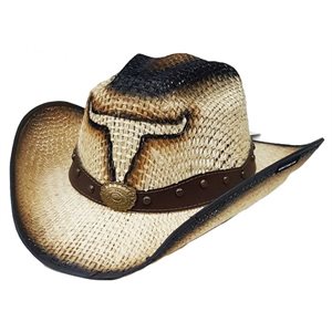 CHAPEAU COWBOY BEIGE / NOIR EN JUTE AVEC TETE DE BOEUF