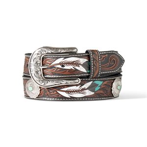 CEINTURE ARIAT CUIR PLUMES BLANC / TURQUOISE ET CONCHO 