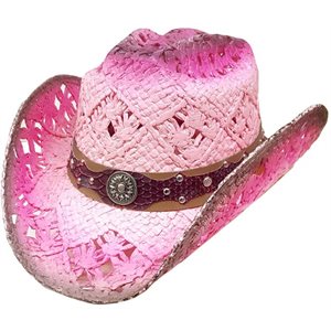 CHAPEAU COWBOY ROSE / MAUVE AVEC ORNEMENTS MAUVE / BRUN 