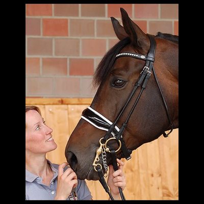 BRIDE DE DRESSAGE DY'ON NOIR VERNIS ET BLANC AVEC SWAROSKI FULL