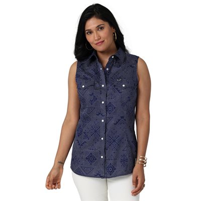 WRANGLER WOMEN'S BLUE SLEEVELESS SNAP SHIRT MEDIUM