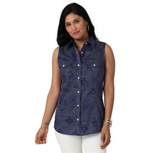 WRANGLER WOMEN'S BLUE SLEEVELESS SNAP SHIRT 