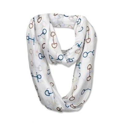 FOULARD INFINITY BLANC EN SOIE AVEC MORS BLEU,BRUN ET JAUNE