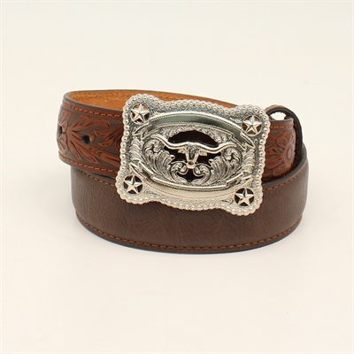 CEINTURE ANGEL RANCH CUIR BRUNE BOUCLE SILVER LONGHORN GR.24