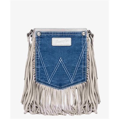 WRANGLER LEATHER FRINGE JEAN DENIN POCKET CROSSBODY LIGHT GREY