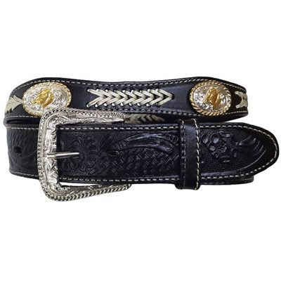 BELT WESTERN BLACK / TAN / LOGO HORSE GOLD SZ. 34